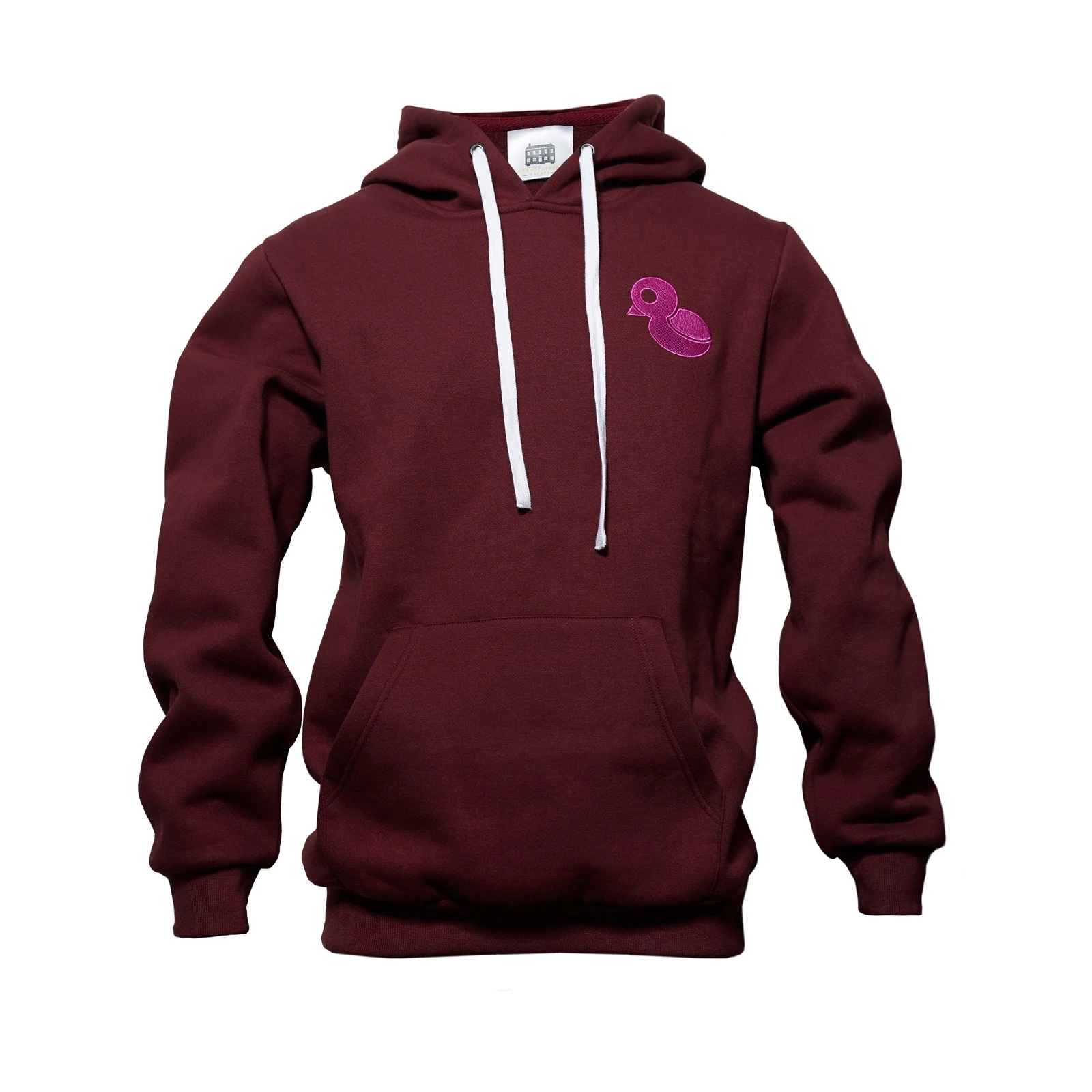 Burgundy Estate Hoodie with pink duck embroidery front view